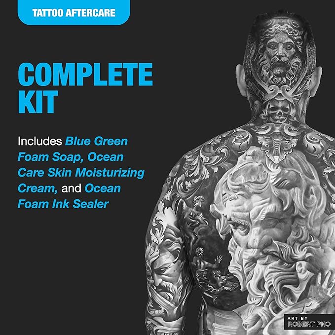 H2Ocean Ultimate Tattoo Aftercare Kit – Complete 3 Step Water-Based Skincare Regimen for Faster Tattoo Healing – Blue Green Foam Soap (1.7 oz), Ocean Care Cream (2.5 oz) & Ocean Foam Moisturizer(2 oz)