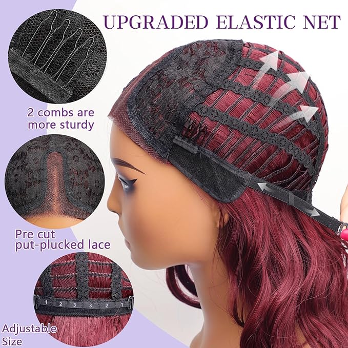 AISI HAIR 14 Inch Wine Red Wigs for Women - Shoulder Length Wave Wig with Pre-Cut Lace Hairline, Middle Part Natural Wavy Bob Synthetic Heat Resistant Fiber for Daily and Party