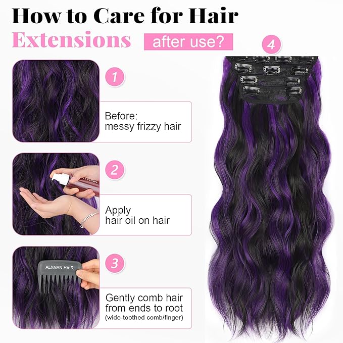 ALXNAN Clip in Long Wavy Synthetic Hair Extension 24 Inch Black Mix Purple Highlights 4PCS Thick Hairpieces Fiber Double Weft Hair for Women
