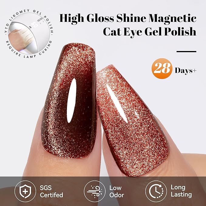 YTD Likomey Cat Eye Gel Nail Polish,Platinum Glitter 15ml Burgundy Red Magnetic Reflective Flash Sparkle Shiny Salon Home Fall Winter UV Color Varnish with Magnet Stick,HEMA Free TPO Free,MY510