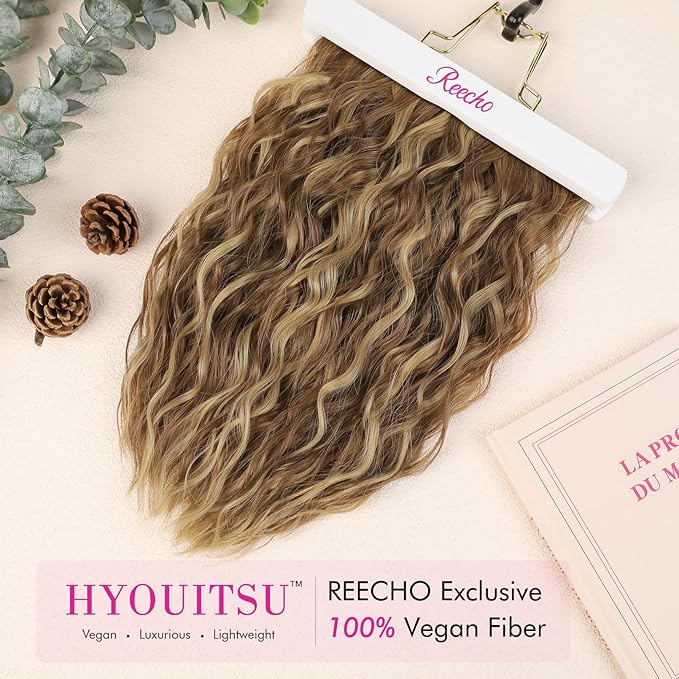 REECHO Clip in Hair Extensions - 4PCS 12" Short Curly Wavy Brown Hair Extensions with Invisible Lace Weft and Highlights