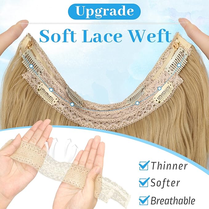 KooKaStyle Invisible Wire Hair Extensions 20"Long Wavy Layered Synthetic Clip in with Adjustable Size 6 Secure Clips Golden Blonde Natural Soft Thick Hairpieces for Women 20 Inch