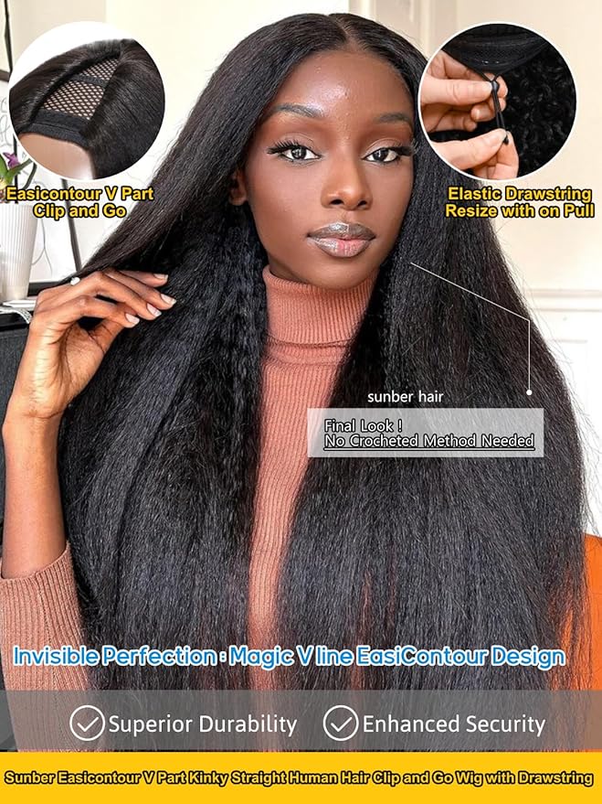 Sunber EasiContour Kinky Straight V Part Human Hair Glueless Wigs with Drawstring No Leave Out No Gel 180% Density Vpart light Kinky straight Clip In Half Wigs No Leave Out Real Scalp V Shape 24Inch