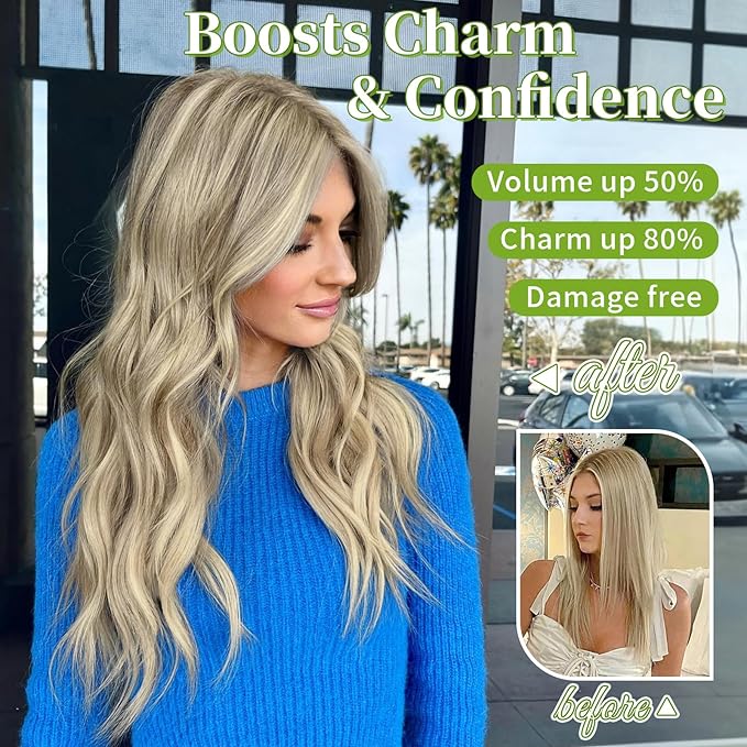 KooKaStyle Invisible Wire Hair Extensions with Transparent Headband Adjustable Size 4 Secure Clips Long Wavy Secret Wire Hairpiece 16 Inch 9H60A#Ash Brown mix Platinum Blonde for Women