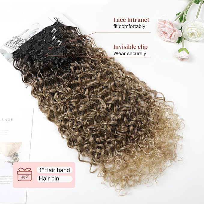 LONAI 4PC Clip in Hair Extensions, 100％ Pure Protein Silk Curly Hair Extension for Women, 26 Inch Long Soft Natural Hair Extensions-Dark Brown to Medium Brown Light Roots