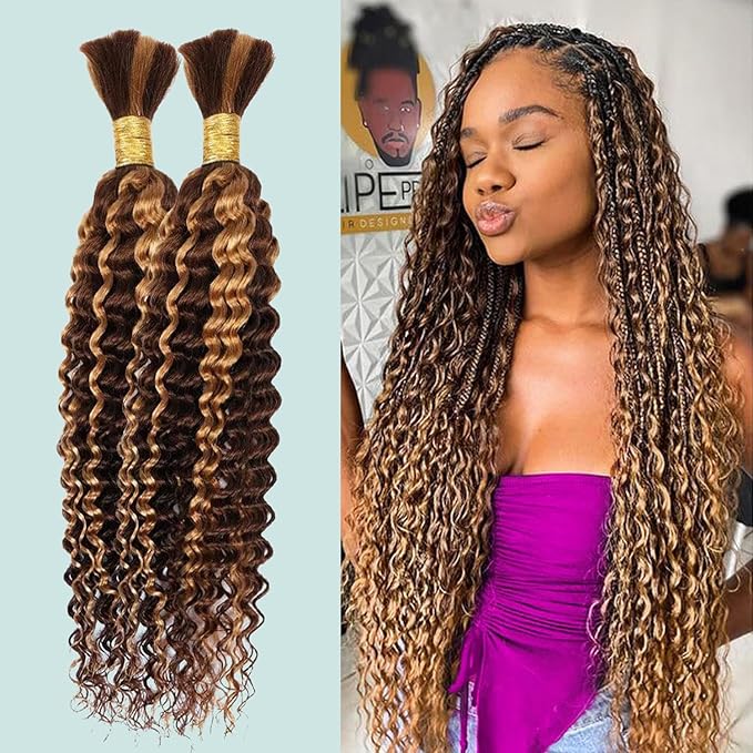 22 Inch Human Braiding Hair 100g Deep Wave Bulk Human Hair for Braiding Brazilian Virgin Human Hair Bundles Wet and Wavy Bundles No Weft Curly Human Hair Extensions for Boho Braids P4/27