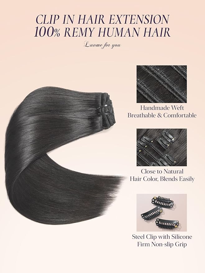 LUVME Handmade Weft Clip in Hair Extensions Human Hair 16 Inch 120g 7pcs Natural Black Straight Seamless Blend, Soft Texture & Strong Grip Clips