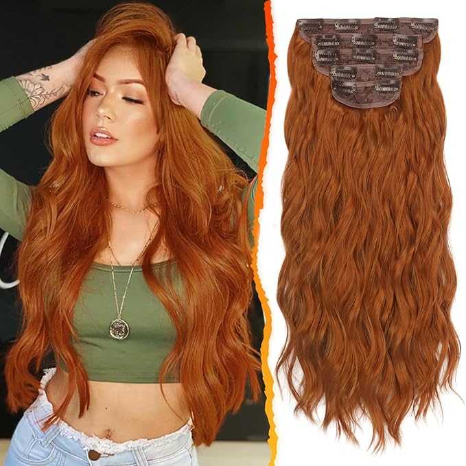 BARSDAR Ginger Copper Clip in Hair Extensions - 20 Inch 5PCs Full Head Wavy Clip in Hair Extensions for Women - Voluminous Thick Soft Synthetic Hairpieces Daily Party Halloween- Ginger Copper
