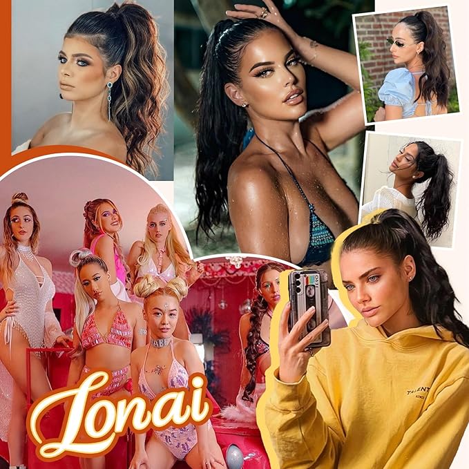 LONAI Ponytail Extension, 18" Wavy Claw Clip Ponytail Extensions Shoulder Length Curly Wavy Claw Clip in Ponytail Hair Extensions Synthetic Fake Ponytail Hairpieces - Deep Brown with Blonde Highlights