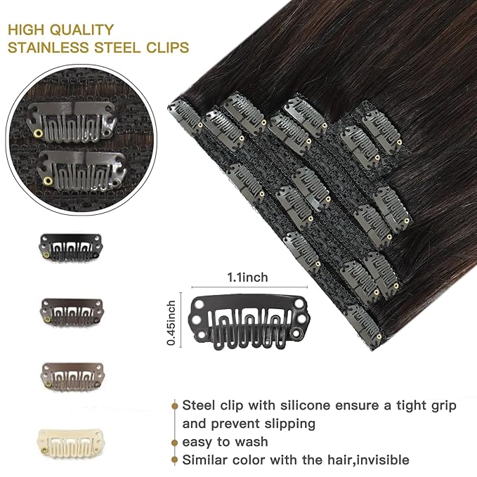 Clip in Hair Extensions Ombre Remy Hair Extensions Clip in Human Hair Dark Brown to Chestnut Brown Double Weft Balayage Real Human Hair Full Head Silky Straight 16 Inch 7pcs 120g