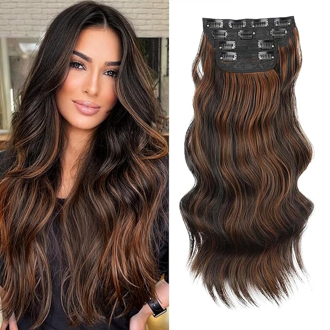 Vigorous Clip in Hair Extensions 20 Inch Black mix Brown Hair Extension 4Pcs Long Wavy Soft Synthetic Hairpieces for Women