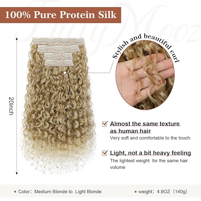 Clip in Hair Extensions, FLUFYMOOZ 4PC 100％ Pure Protein Silk Hair Extensions Long Soft Natural Hairpiece 20 Inch Curly Hair Extension for Women (Medium Blonde to Light Blonde)