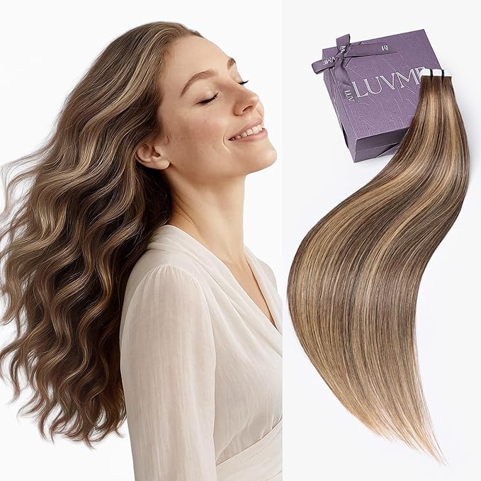 LUVME Invisible Tape in Hair Extensions Human Hair 18 Inch 50g 25pcs Warm Ash Balayage Highlight Straight Double Sided Seamless Tape Extensions