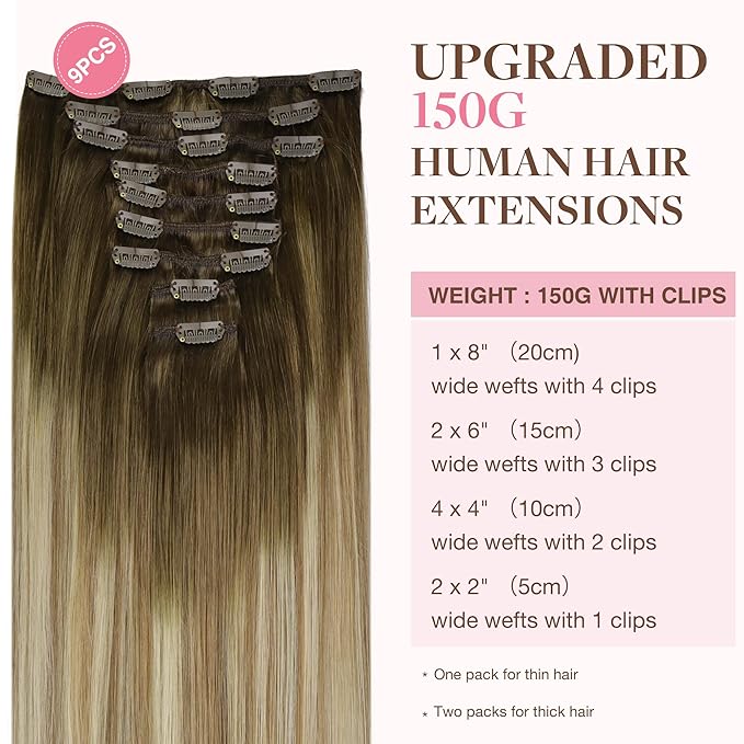 GOO GOO Clip in Hair Extensions Real Human Hair, Remy Human Hair Extensions Clip ins for Women, Natural Human Hair, 18inch 150g 9Pcs, 3/8/613 Balayage Walnut Brown to Ash Brown and Bleach Blonde