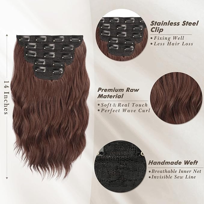 BARSDAR Clip in Hair Extensions - 5PCs Chestnut Wavy 14 Inch Thick Soft Synthetic Clip in Hairpieces Daily Party Halloween - Copper Chestnut