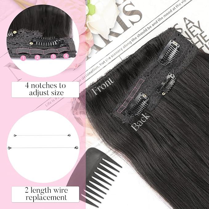 Invisible Wire Hair Extensions Layered Long Wavy Natural Black Hairpiece for Women Transparent Wire Adjustable Size 6 Secure Clips Invisible Headband Hair Extension 20 Inch