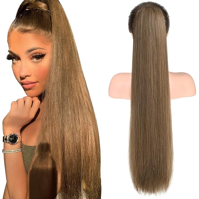 SEIKEA 28" Ponytail Extensions Drawstring Long Straight Fake Pony Tail Natural Soft Clip in Hair Extension Synthetic Heat Resistant Hairpiece - Ash Blonde with Golden Blonde