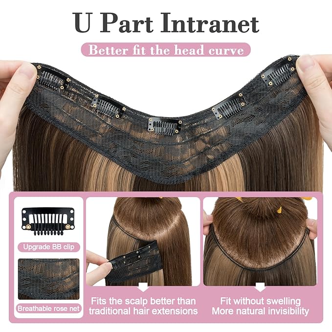 S-noilite One Piece Clip in Hair Extensions Balayage 18 Inch U-Shaped One Piece Weft Hair Extensions with 5 Clips Synthetic 3/4 Full Head Long Straight Clip in Hairpieces for Women,#8LP24L