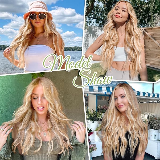 KooKaStyle Invisible Wire Hair Extensions with Transparent Wire Headband Adjustable Size 4 Secure Clips Long Wavy Hairpiece Platinum Blonde mix Orange Blonde 20inch for Women