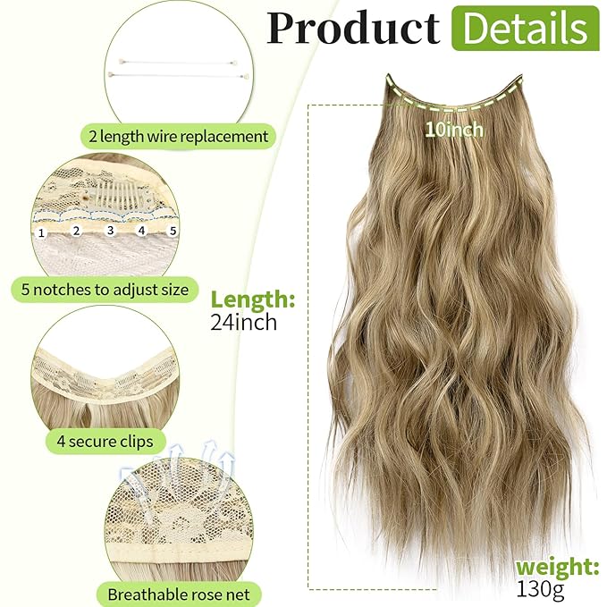 KooKaStyle Invisible Wire Hair Extensions with Transparent Headband Adjustable Size 4 Secure Clips Long Wavy Secret Wire Hairpiece for Women(24Inch Light Brown mix Golden Blonde)