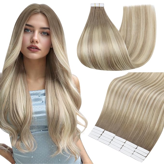 Full Shine Tape Ins Human Hair Extensions 20PCS Color 19/8/60 Blonde and Brown Balayage Straight Seamless Skin Weft Tape in Hair Extensions Human Hair 50 Grams Remy Soft and Silky 14 Inch for Women