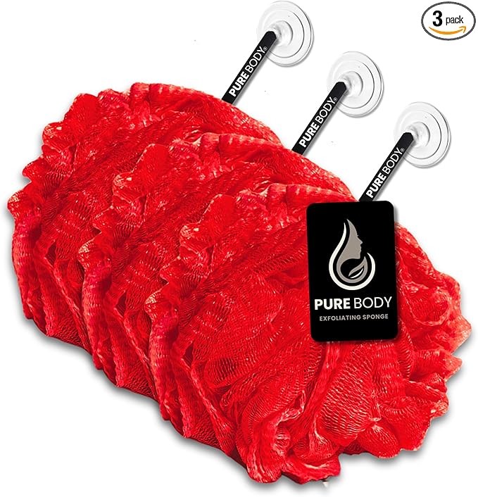 Large Bath Sponge Pack of 3 – Gentle Exfoliation Loofah with Suction Cup for Easy Drying, Soft 70G Mesh Poufs for All Skin Types, Lather for Daily Use (Bright Red)