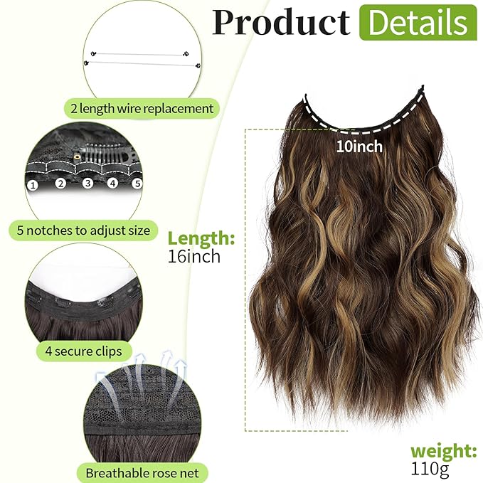 KooKaStyle Invisible Wire Hair Extensions with Transparent Headband Adjustable Size 4 Secure Clips Long Wavy Secret Wire Hairpiece for Women(16 Inch Chestnut Brown with Blonde Highlights)