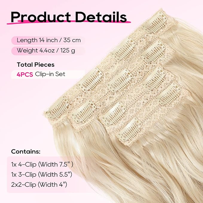 REECHO Hair Extensions, 4PCS Clip in Hair Extensions 14" Short Beach Wavy Invisible Lace Weft Natural Soft Hairpieces for Women – Natural Blonde