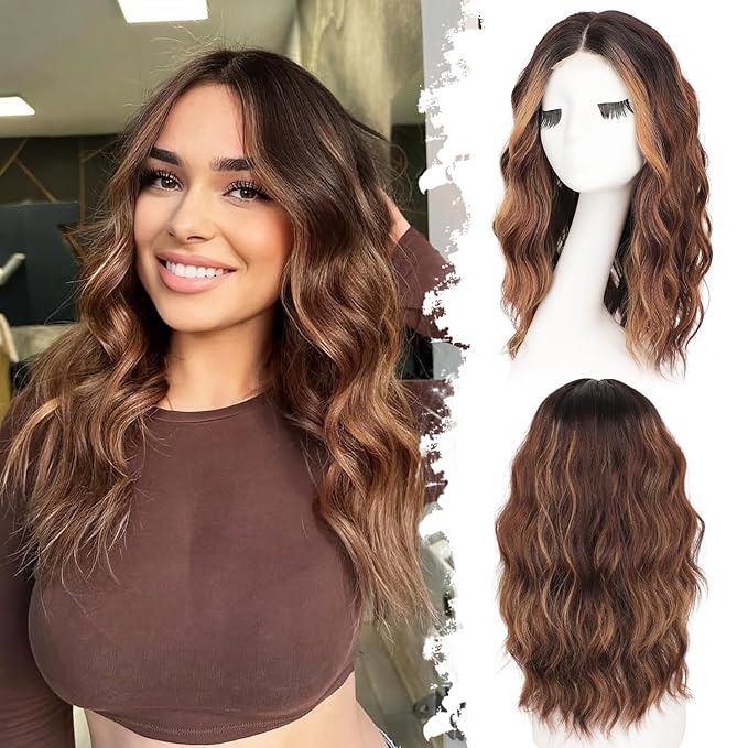 Brown Highlight Short Wavy Wig for Women Lace Hairline Bob Style Synthetic Heat Resistant - Natural Appearance for Everyday Hairstyle 18 Inch
