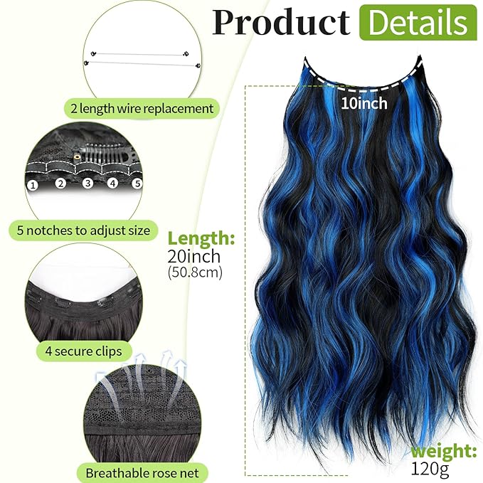 KooKaStyle Invisible Wire Hair Extensions with Transparent Headband Adjustable Size 4 Secure Clips Long Wavy Highlight Synthetic Hairpiece 20 Inch Black with Blue for Women