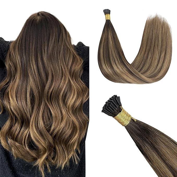 GOO GOO I Tip Hair Extensions, Real Human Hair, 14inch 50g 100S, Cold Fusion I Tip, Invisible Remy, 4D/14/5B Brunette Balayage