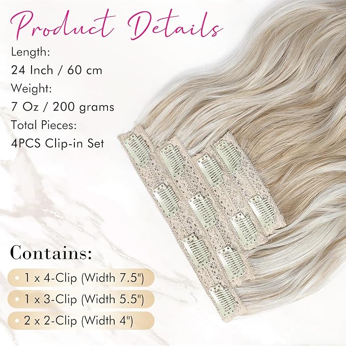 REECHO Clip in Hair Extensions, 4PCS Blonde Hair Extensions 24" Thick Long Beach Waves hair extensions HE003 Invisible Lace Weft Natural Soft Hairpieces for Women – Ash Blonde with Highlights