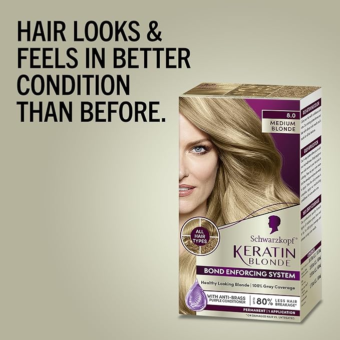 Schwarzkopf Keratin Blonde Hair Dye, 8.0 Medium Blonde, Professional Quality Permanent Hair Color, Bond Enforcing System, Pre-Color Serum & Purple Conditioner Included