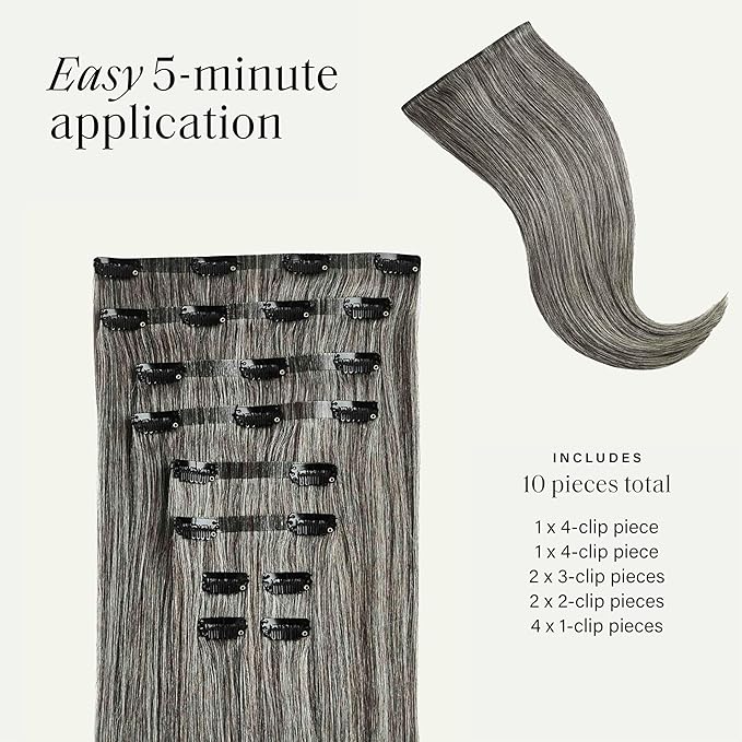 Luxy 100% Remy Human Hair - Seamless Clip-In Hair Extensions - Multi-Dimensional Color for Natural Blending, Adds Volume & Length 50 grams 16" Light Gray Seamless