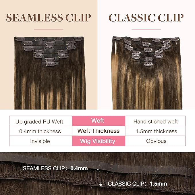 GOO GOO Clip in Hair Extensions Real Human Hair, Remy Human Hair Extensions Clip ins for Women, Natural Human Hair, 12inch 85g 7Pcs, #4/27/4 Balayage Chocolate Brown to Caramel Blonde