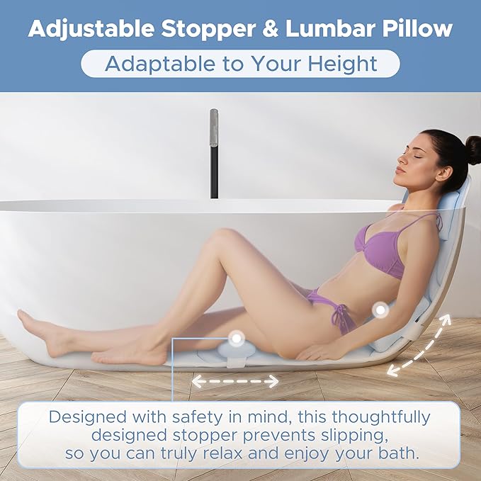 Sunlit Ultra Soft Full Body Bath Pillow for Bathtub, Luxury Thick Tub Pillow for Head Neck Back Support with Lumbar Pillow Multi-Function Stopper, Spa Pillow with Strong Suction Cups, Bath Accessories