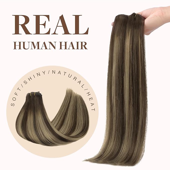 GOO GOO Clip in Hair Extensions Real Human Hair, Remy Human Hair Extensions Clip ins for Women, Natural Human Hair, 16inch 130g 7Pcs, 4/26/4 Balayage Chocolate Brown to Honey Blonde
