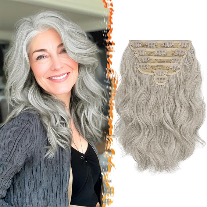 BARSDAR Short Wavy Silver Grey Clip in Hair Extensions - 12 Inch Gray Hair Extensions Clip in for Women - 6PCs Thick Soft Synthetic Clip-ins Hairpieces Daily - Silver Grey