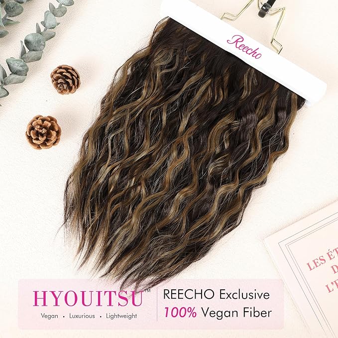 REECHO Clip in Hair Extensions - 4PCS 12" Short Curly Wavy Brown Hair Extensions with Invisible Lace Weft - Natural Soft Hairpieces for Women - Dark Brown with Highlights