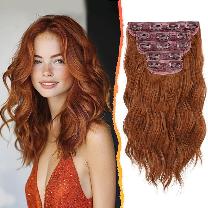 BARSDAR Short Wavy Clip in Hair Extensions - 14 Inch Copper Red Hair Extensions Clip in for Women - 5PCs Thick Soft Synthetic Loose Wave Clip in Copper Hairpieces – Copper Red