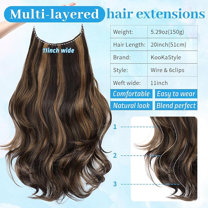 KooKaStyle Invisible Wire Hair Extensions Long Straight Layered Synthetic with Transparent Wire Adjustable Size 6 Secure Clips Hairpieces for Women 20 Inch (20 Inch, Balayage Dark Brown to Chestnut)