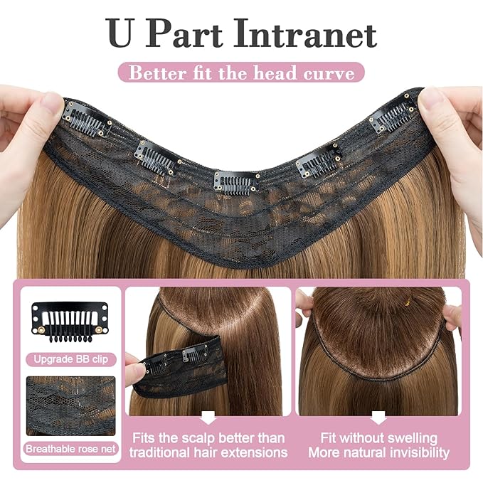 S-noilite One Piece Clip in Hair Extensions Balayage 18 Inch U-Shaped One Piece Weft Hair Extensions with 5 Clips Synthetic 3/4 Full Head Long Straight Clip in Hairpieces for Women,#10P26/27A