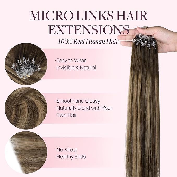 GOO GOO Micro Link Tip Hair Extensions Real Human Hair, 22in 50g 50S, Cold Fusion, Remy Hair, 4/27/4 Balayage Chocolate Brown to Caramel Blonde