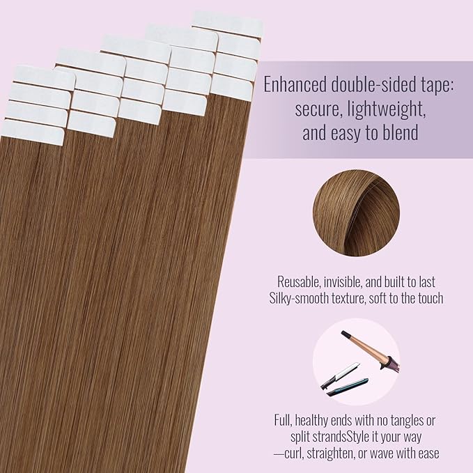 Fshine Tape in Hair Extensions Human Hair 24 Inches Color 330 Auburn Extensions Human Hair Tape ins Thick Hair Extensions 50g Real Human Hair 20Pcs Remy Hair for Women