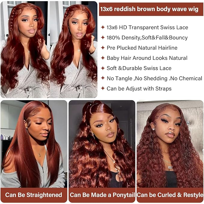 Aicrelery 13x6 Reddish Brown Lace Front Wigs Human Hair Body Wave Reddish Brown 13x6 HD Lace Frontal Wigs for Women 180% Density Full and Thick 33b Auburn Glueless Wigs Realistic Looking 26inch