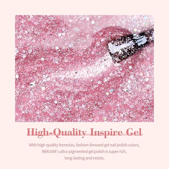 RARJSM Nude Pink Glitter Gel Nail Polish Chunky Iridescent Glitter Gelpolish 15ml Shimmer Holographic Rainbow Effect Soak off L e d U V Curing Required High Pigments for Home Manicure Nail Art