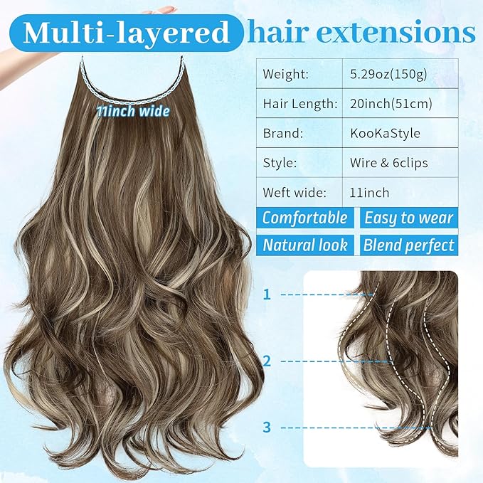 KooKaStyle Invisible Wire Hair Extensions Long Wavy Layered Synthetic with Transparent Headband Adjustable Size 6 Secure Clips Hairpieces for Women (20 Inch, Medium Brown Mix Ash Blonde)