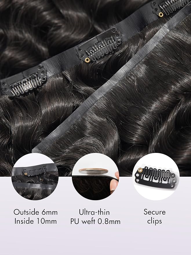 LUVME Hair Extensions Natural Black 28 Inch 135g 7pcs Real Human Hair Loose Deep Wavy Remy Clip in Human Hair Extensions Thick Hair
