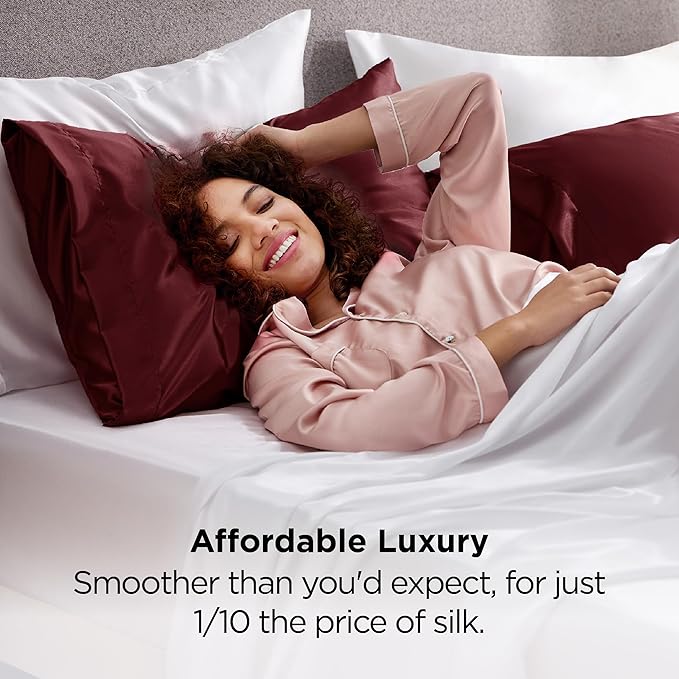 Bedsure Satin Pillowcases, Similar to Silk Pillow Cases Queen Size Set of 2, Burgundy Red Pillow Case with Envelope Closure, Christmas Decor Home Gifts for Women Men, 20x30 Inches, 2pcs