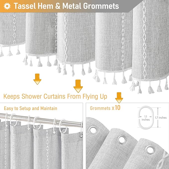 BTTN Boho Farmhouse Shower Curtain - Linen Rustic Heavy Duty Striped Fabric Shower Curtain Set with Tassel, Bohemian Vintage Country Cloth Shower Curtains for Bathroom，Grey，54" W x 78" L (Pack of 1)